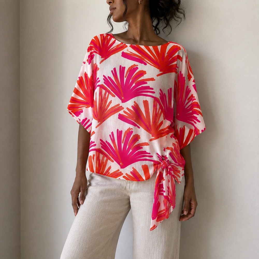 Mary Square Pink Orange Kelly Anne Top Jungle Jive Small Tropical Resortwear